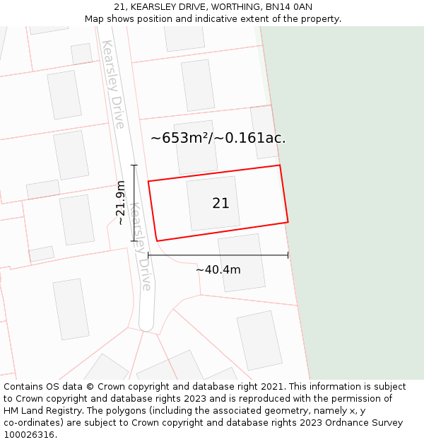 21, KEARSLEY DRIVE, WORTHING, BN14 0AN: Plot and title map