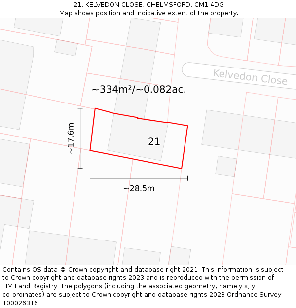 21, KELVEDON CLOSE, CHELMSFORD, CM1 4DG: Plot and title map