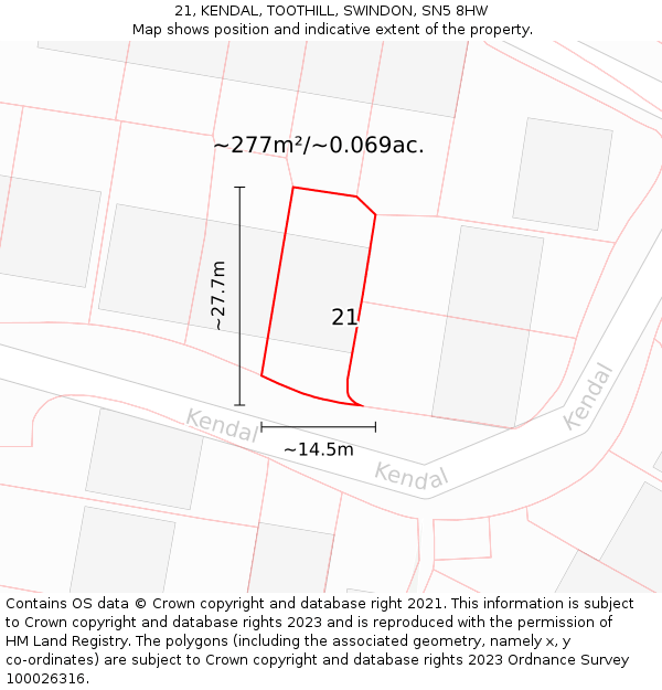 21, KENDAL, TOOTHILL, SWINDON, SN5 8HW: Plot and title map