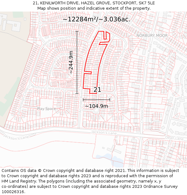21, KENILWORTH DRIVE, HAZEL GROVE, STOCKPORT, SK7 5LE: Plot and title map