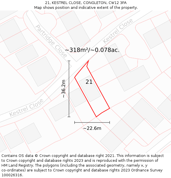 21, KESTREL CLOSE, CONGLETON, CW12 3FA: Plot and title map