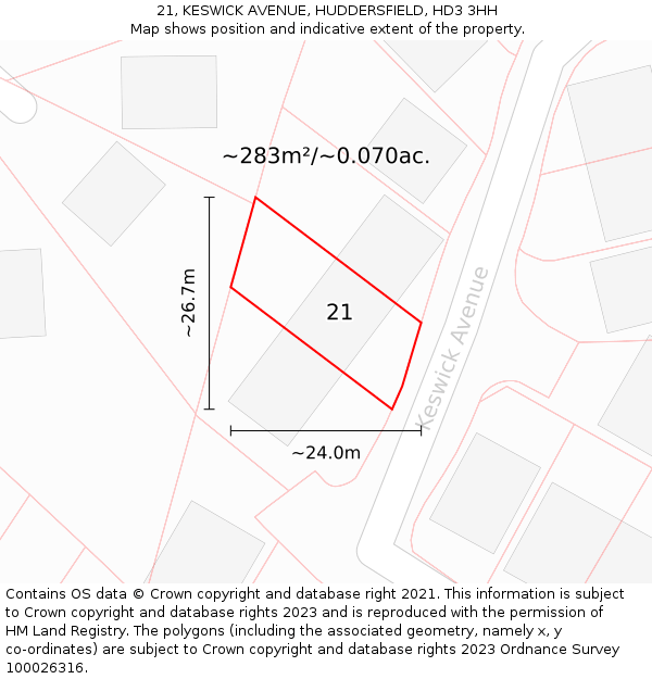 21, KESWICK AVENUE, HUDDERSFIELD, HD3 3HH: Plot and title map