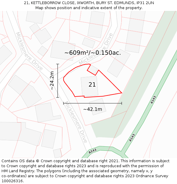 21, KETTLEBORROW CLOSE, IXWORTH, BURY ST EDMUNDS, IP31 2UN: Plot and title map