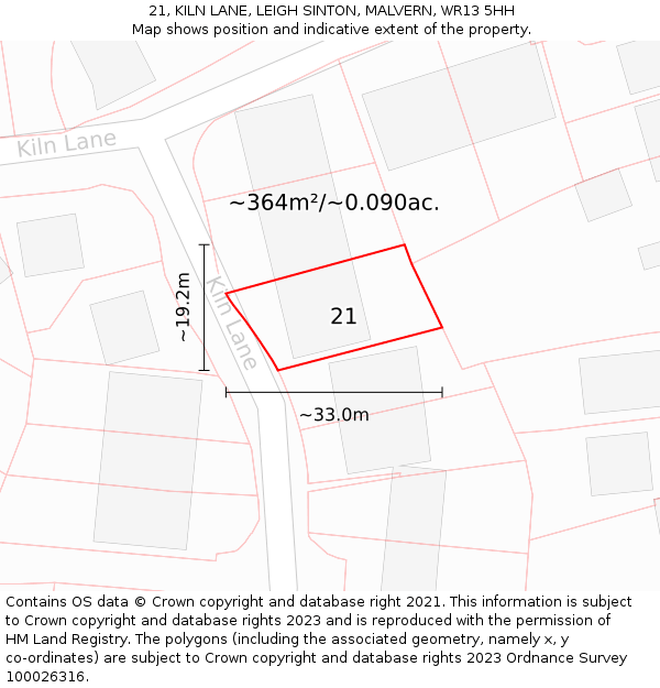 21, KILN LANE, LEIGH SINTON, MALVERN, WR13 5HH: Plot and title map
