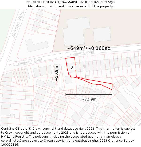 21, KILNHURST ROAD, RAWMARSH, ROTHERHAM, S62 5QQ: Plot and title map
