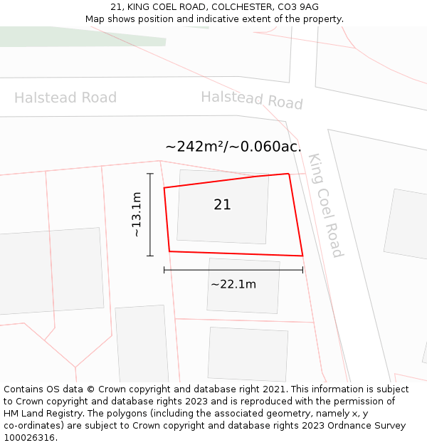 21, KING COEL ROAD, COLCHESTER, CO3 9AG: Plot and title map