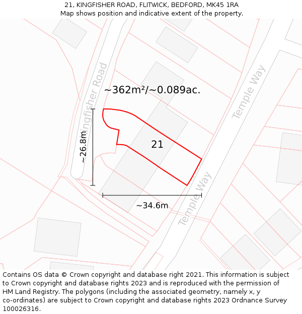 21, KINGFISHER ROAD, FLITWICK, BEDFORD, MK45 1RA: Plot and title map