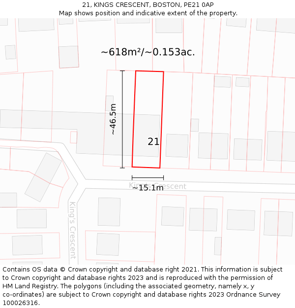21, KINGS CRESCENT, BOSTON, PE21 0AP: Plot and title map
