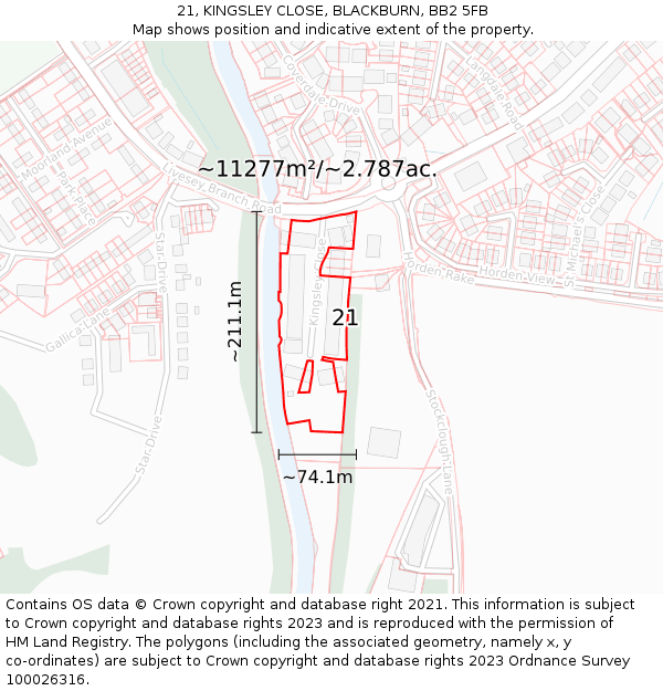 21, KINGSLEY CLOSE, BLACKBURN, BB2 5FB: Plot and title map