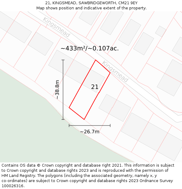 21, KINGSMEAD, SAWBRIDGEWORTH, CM21 9EY: Plot and title map