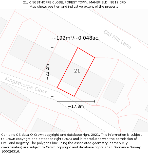 21, KINGSTHORPE CLOSE, FOREST TOWN, MANSFIELD, NG19 0PD: Plot and title map