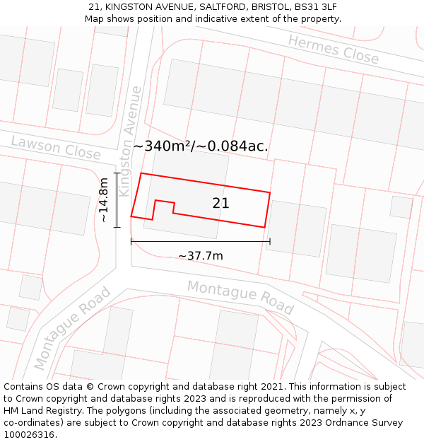 21, KINGSTON AVENUE, SALTFORD, BRISTOL, BS31 3LF: Plot and title map
