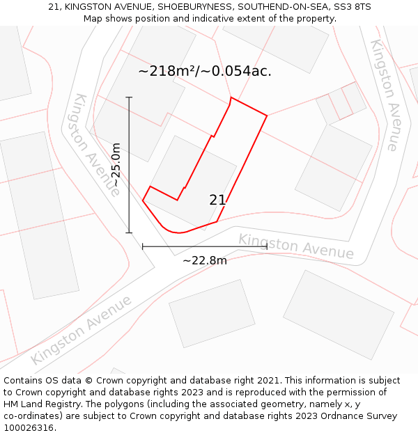21, KINGSTON AVENUE, SHOEBURYNESS, SOUTHEND-ON-SEA, SS3 8TS: Plot and title map