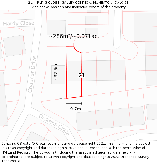 21, KIPLING CLOSE, GALLEY COMMON, NUNEATON, CV10 9SJ: Plot and title map