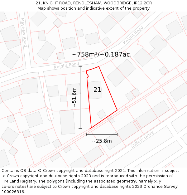 21, KNIGHT ROAD, RENDLESHAM, WOODBRIDGE, IP12 2GR: Plot and title map
