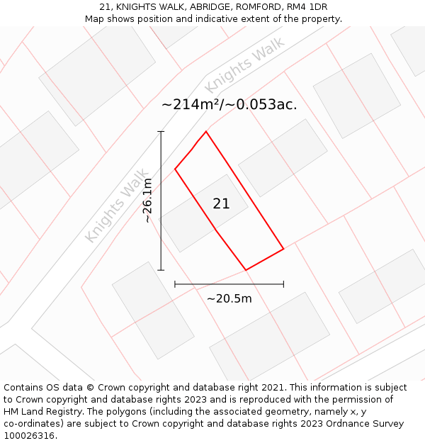 21, KNIGHTS WALK, ABRIDGE, ROMFORD, RM4 1DR: Plot and title map