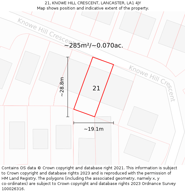 21, KNOWE HILL CRESCENT, LANCASTER, LA1 4JY: Plot and title map