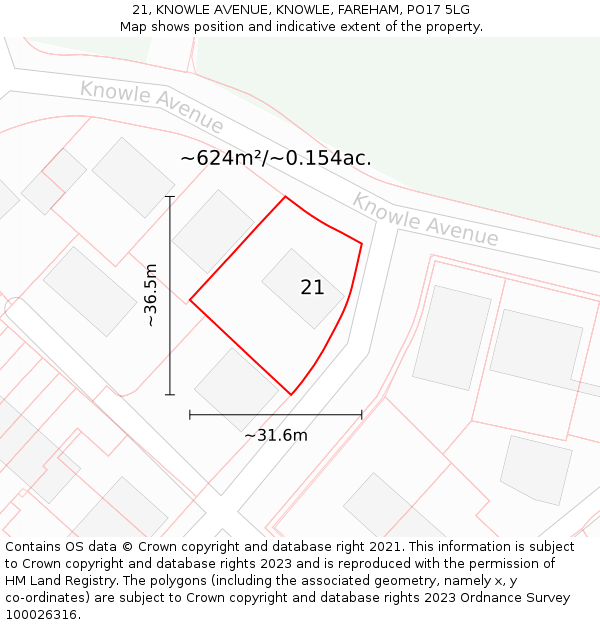 21, KNOWLE AVENUE, KNOWLE, FAREHAM, PO17 5LG: Plot and title map
