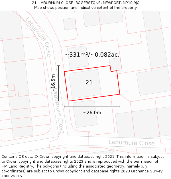 21, LABURNUM CLOSE, ROGERSTONE, NEWPORT, NP10 9JQ: Plot and title map