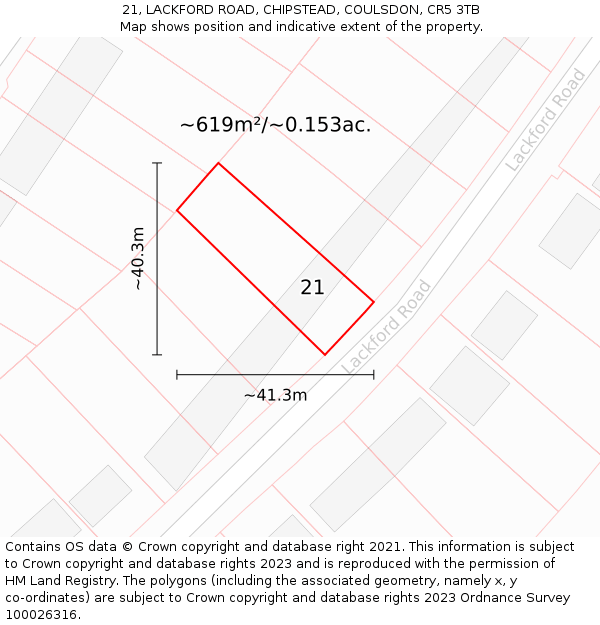 21, LACKFORD ROAD, CHIPSTEAD, COULSDON, CR5 3TB: Plot and title map