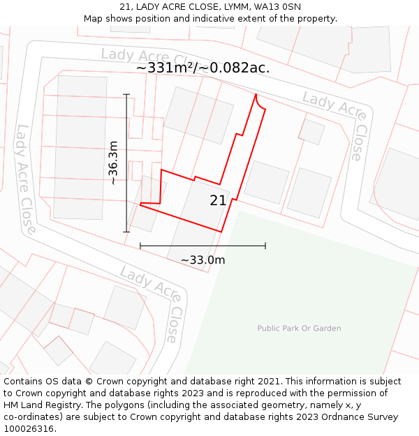 21, LADY ACRE CLOSE, LYMM, WA13 0SN: Plot and title map