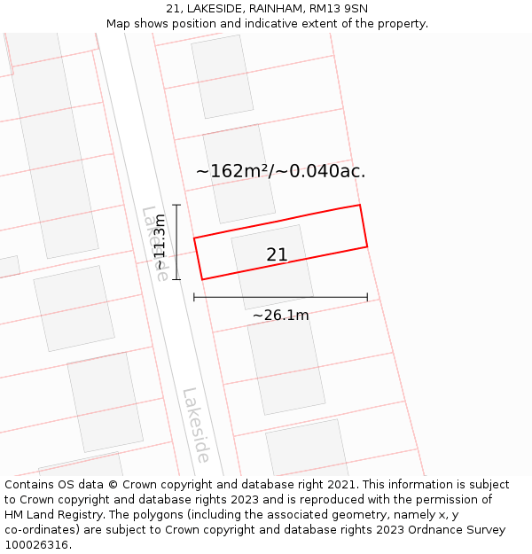 21, LAKESIDE, RAINHAM, RM13 9SN: Plot and title map
