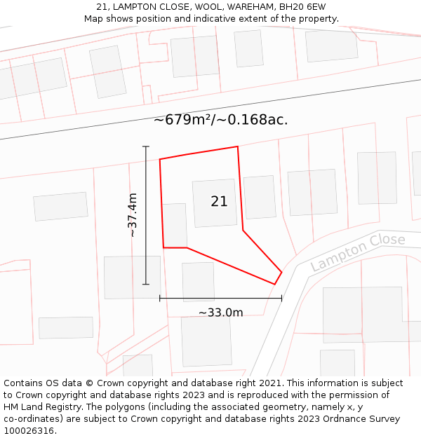 21, LAMPTON CLOSE, WOOL, WAREHAM, BH20 6EW: Plot and title map