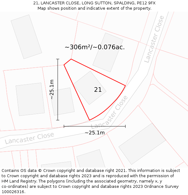 21, LANCASTER CLOSE, LONG SUTTON, SPALDING, PE12 9FX: Plot and title map