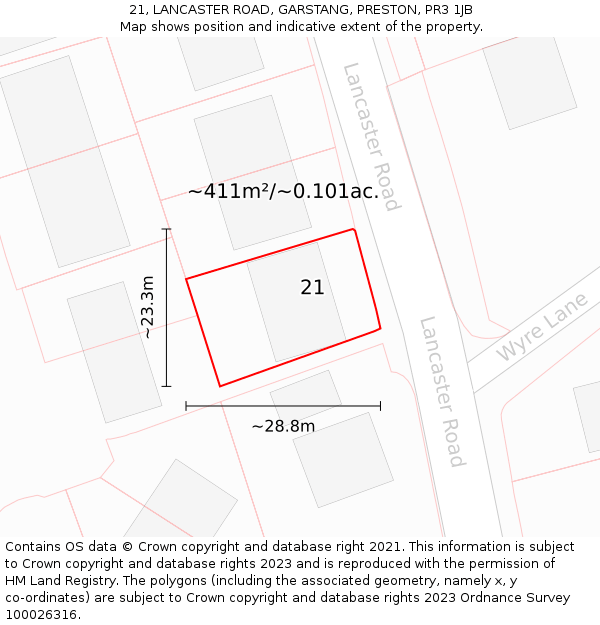 21, LANCASTER ROAD, GARSTANG, PRESTON, PR3 1JB: Plot and title map