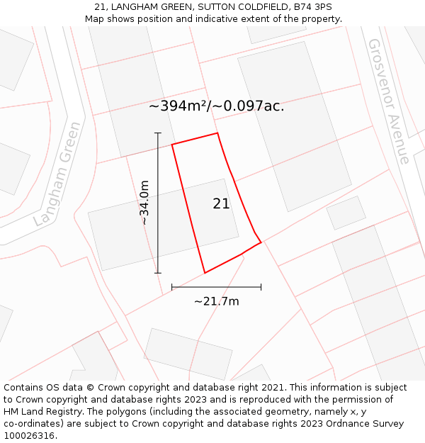 21, LANGHAM GREEN, SUTTON COLDFIELD, B74 3PS: Plot and title map