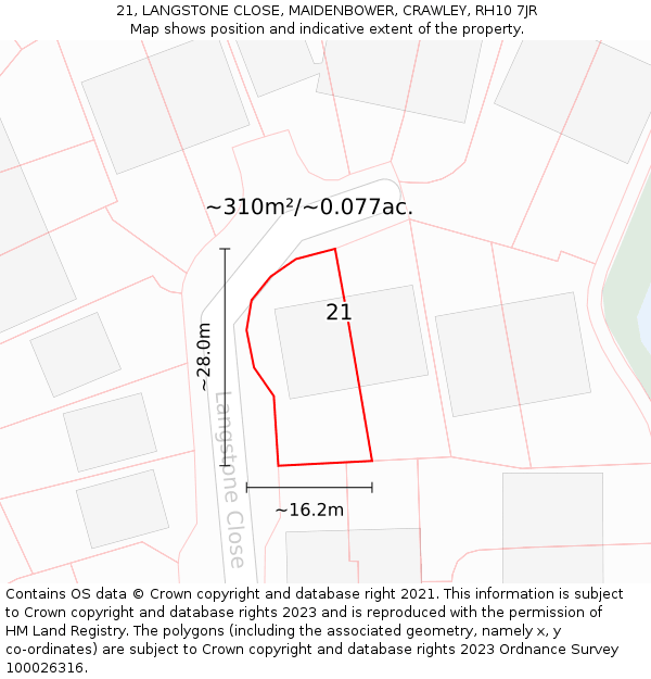 21, LANGSTONE CLOSE, MAIDENBOWER, CRAWLEY, RH10 7JR: Plot and title map
