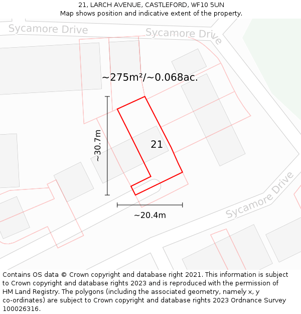21, LARCH AVENUE, CASTLEFORD, WF10 5UN: Plot and title map