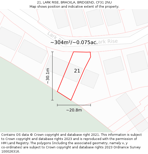 21, LARK RISE, BRACKLA, BRIDGEND, CF31 2NU: Plot and title map