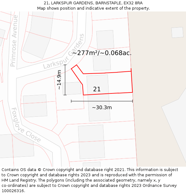 21, LARKSPUR GARDENS, BARNSTAPLE, EX32 8RA: Plot and title map
