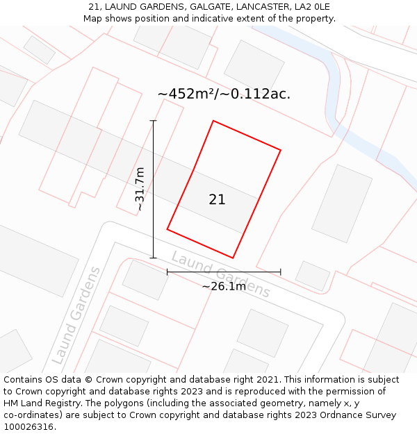 21, LAUND GARDENS, GALGATE, LANCASTER, LA2 0LE: Plot and title map