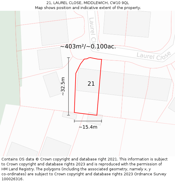 21, LAUREL CLOSE, MIDDLEWICH, CW10 9QL: Plot and title map