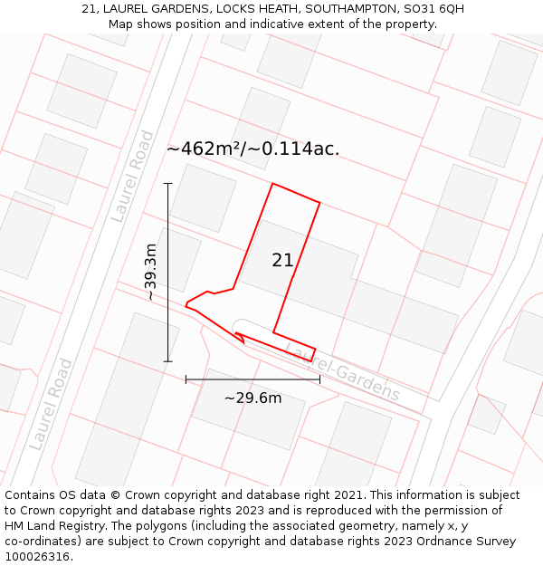 21, LAUREL GARDENS, LOCKS HEATH, SOUTHAMPTON, SO31 6QH: Plot and title map