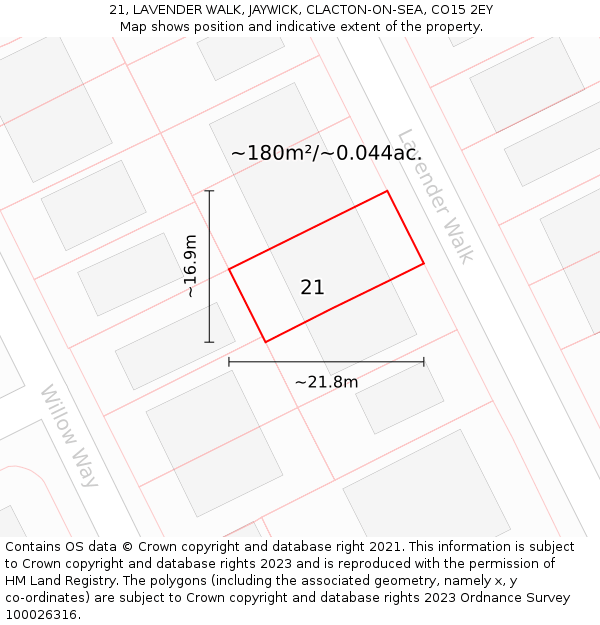 21, LAVENDER WALK, JAYWICK, CLACTON-ON-SEA, CO15 2EY: Plot and title map