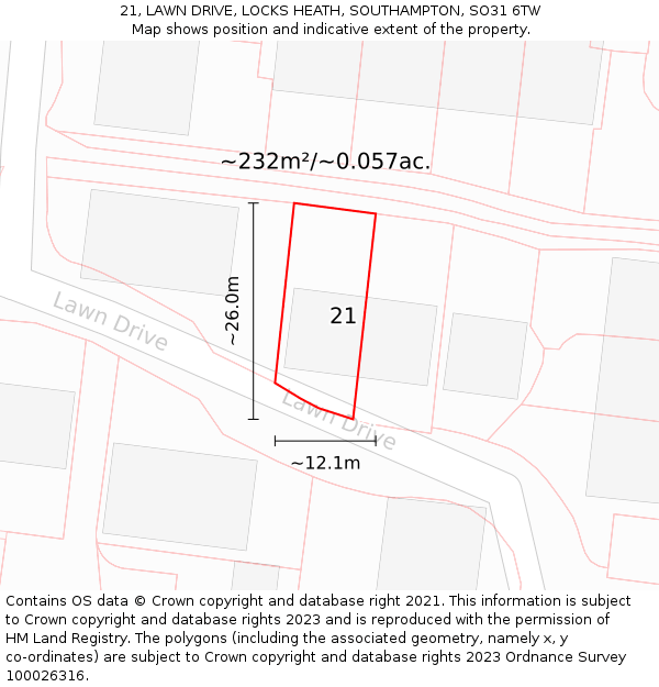 21, LAWN DRIVE, LOCKS HEATH, SOUTHAMPTON, SO31 6TW: Plot and title map