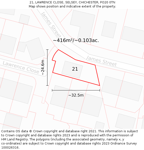 21, LAWRENCE CLOSE, SELSEY, CHICHESTER, PO20 0TN: Plot and title map