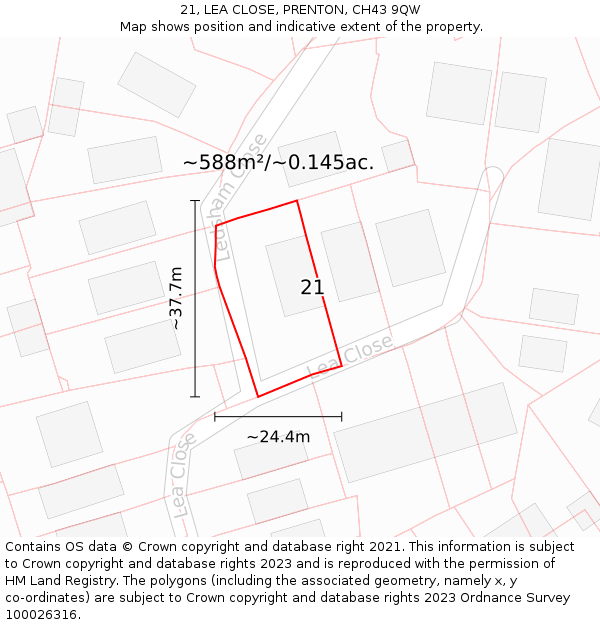 21, LEA CLOSE, PRENTON, CH43 9QW: Plot and title map