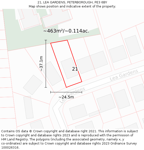 21, LEA GARDENS, PETERBOROUGH, PE3 6BY: Plot and title map