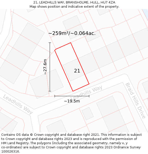 21, LEADHILLS WAY, BRANSHOLME, HULL, HU7 4ZA: Plot and title map