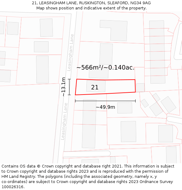 21, LEASINGHAM LANE, RUSKINGTON, SLEAFORD, NG34 9AG: Plot and title map