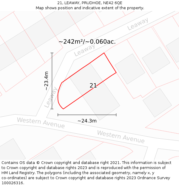 21, LEAWAY, PRUDHOE, NE42 6QE: Plot and title map