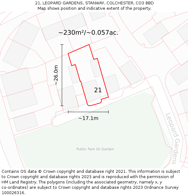 21, LEOPARD GARDENS, STANWAY, COLCHESTER, CO3 8BD: Plot and title map