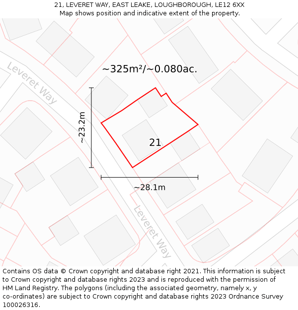 21, LEVERET WAY, EAST LEAKE, LOUGHBOROUGH, LE12 6XX: Plot and title map