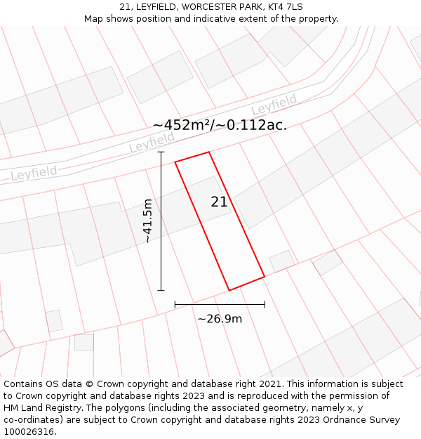21, LEYFIELD, WORCESTER PARK, KT4 7LS: Plot and title map