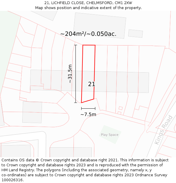 21, LICHFIELD CLOSE, CHELMSFORD, CM1 2XW: Plot and title map