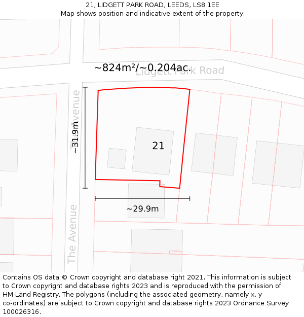 21, LIDGETT PARK ROAD, LEEDS, LS8 1EE: Plot and title map